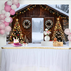 Lofaris Rustic Barn Christmas Backdrop with Snow and Decorated Trees, Winter Holiday Photography Background for Festive Decor