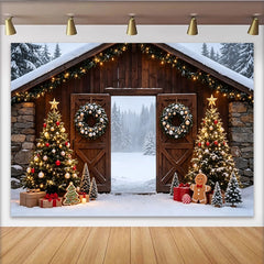 Lofaris Rustic Barn Christmas Backdrop with Snow and Decorated Trees, Winter Holiday Photography Background for Festive Decor