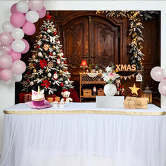 Lofaris Cozy Christmas Tree Backdrop with Presents and Nutcrackers, Rustic Wooden Door Background for Holiday Party Photography