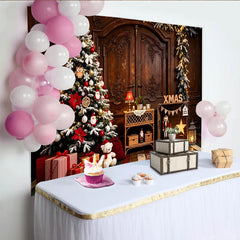 Lofaris Cozy Christmas Tree Backdrop with Presents and Nutcrackers, Rustic Wooden Door Background for Holiday Party Photography