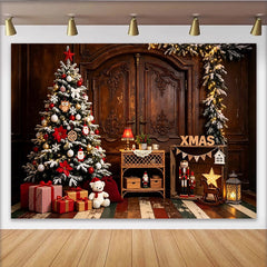 Lofaris Cozy Christmas Tree Backdrop with Presents and Nutcrackers, Rustic Wooden Door Background for Holiday Party Photography