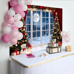 Lofaris Festive Christmas Tree Backdrop with Snowy Window and Full Moon, Cozy Winter Wonderland Background for Holiday Party Photography