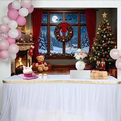 Lofaris Cozy Christmas Fireplace Backdrop with Snowy Window and Santa Sleigh, Festive Holiday Photo Background for Family Portraits