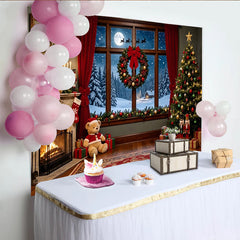 Lofaris Cozy Christmas Fireplace Backdrop with Snowy Window and Santa Sleigh, Festive Holiday Photo Background for Family Portraits