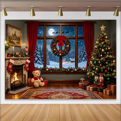 Lofaris Cozy Christmas Fireplace Backdrop with Snowy Window and Santa Sleigh, Festive Holiday Photo Background for Family Portraits