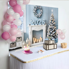 Lofaris Snowy Blue and White New Year Backdrop with Christmas Tree, Elegant Winter Holiday Background for Family Photoshoot