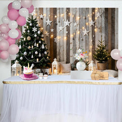 Lofaris Rustic Wood Christmas Tree Backdrop with White Stars and String Lights, Cozy Winter Holiday Background for Photography