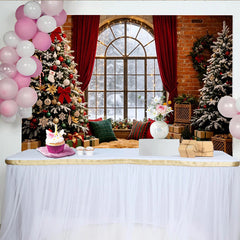 Lofaris Cozy Christmas Tree and Snowy Window Holiday Backdrop, Elegant Winter Scene Background for Family Photos and Decor