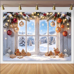Lofaris Snowy Christmas Window Backdrop with Gingerbread and Ornaments, Festive Winter Scene Background for Holiday Party Decor