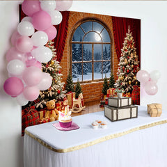 Lofaris Cozy Christmas Tree Backdrop with Snowy Window and Gifts, Festive Holiday Decor for Winter Photography