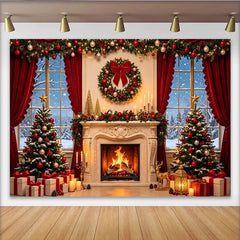 Lofaris Festive Christmas Fireplace Backdrop with Decorated Trees, Snowy Window Scene Holiday Party Decor for Photography