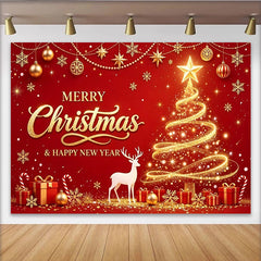 Lofaris Red Golden Merry Christmas and Happy New Year Backdrop, Festive Glitter Background for Winter Holiday Party Decor