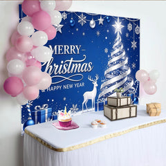 Lofaris Blue Silver Glitter Christmas Tree Backdrop with White Deer and Gifts, Festive Holiday Background for Winter Party Decoration