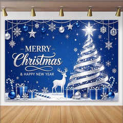 Lofaris Blue Silver Glitter Christmas Tree Backdrop with White Deer and Gifts, Festive Holiday Background for Winter Party Decoration