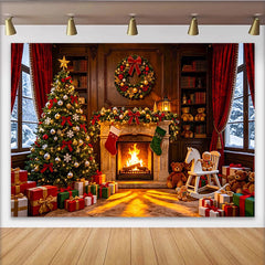 Lofaris Cozy Christmas Fireplace Backdrop with Decorated Tree and Gifts, Warm Holiday Background for Family Photoshoots and Winter Decor