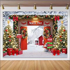 Lofaris Snowy North Pole Christmas Backdrop with Decorated Trees and Snowman, Festive Winter Wonderland Background for Holiday Party