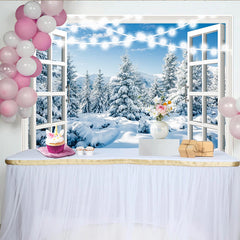 Lofaris Open Window Snowy Winter Forest Backdrop with String Lights, Scenic Photography Background for Holiday Party Decor
