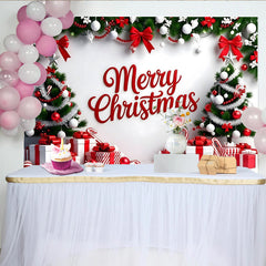 Lofaris Merry Christmas Holiday Backdrop with Red and White Trees and Gifts, Vibrant Christmas Photography Background for Festive Party Decor