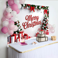 Lofaris Merry Christmas Holiday Backdrop with Red and White Trees and Gifts, Vibrant Christmas Photography Background for Festive Party Decor