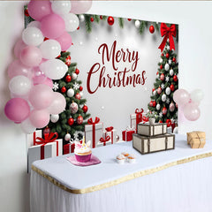 Lofaris Merry Christmas Tree Holiday Backdrop with Red and White Gifts, Elegant Photo Background for Winter Party Decor
