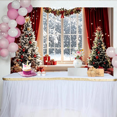 Lofaris Snowy Christmas Tree and Gifts Holiday Backdrop with Red Curtains, Winter Window Scene Background for Festive Photoshoots