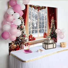 Lofaris Snowy Christmas Tree and Gifts Holiday Backdrop with Red Curtains, Winter Window Scene Background for Festive Photoshoots