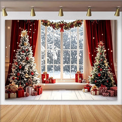 Lofaris Snowy Christmas Tree and Gifts Holiday Backdrop with Red Curtains, Winter Window Scene Background for Festive Photoshoots