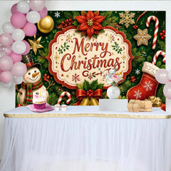 Lofaris Merry Christmas Snowman and Ornaments Festive Holiday Backdrop, Green Pine Branches Background for Party Decor
