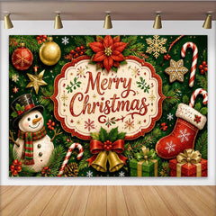 Lofaris Merry Christmas Snowman and Ornaments Festive Holiday Backdrop, Green Pine Branches Background for Party Decor