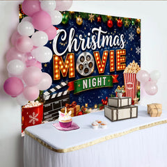 Lofaris Festive Christmas Movie Night Backdrop with Ornaments and Popcorn, Cozy Holiday Party Background for Family Photos and Decor