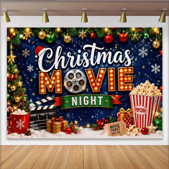 Lofaris Festive Christmas Movie Night Backdrop with Ornaments and Popcorn, Cozy Holiday Party Background for Family Photos and Decor