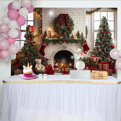 Lofaris Warm Christmas Fireplace Backdrop with Decorated Trees and Gifts, Elegant Holiday Background for Festive Photoshoot