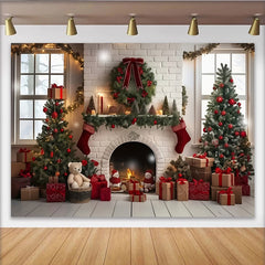 Lofaris Warm Christmas Fireplace Backdrop with Decorated Trees and Gifts, Elegant Holiday Background for Festive Photoshoot