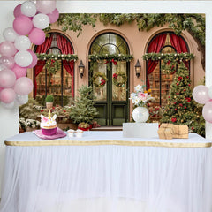 Lofaris Elegant Christmas Facade Backdrop with Arched Windows, Decorated Trees and Gift Boxes for Holiday Party Photography