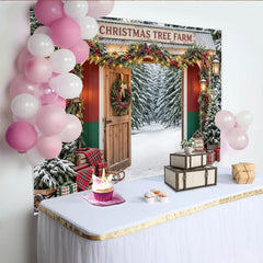 Lofaris Snowy Christmas Tree Farm Backdrop with Festive Garlands and Lanterns, Rustic Winter Holiday Background for Family Photoshoot