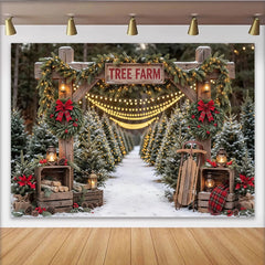 Lofaris Snowy Christmas Tree Farm Backdrop with Festive Lights and Wreaths, Charming Winter Holiday Background for Family Photoshoot Decor