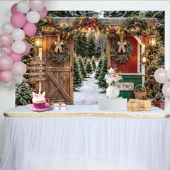 Lofaris Snowy Christmas Tree Farm Backdrop with Rustic Arch and Pine Garlands, Festive Winter Holiday Background for Family Photoshoot