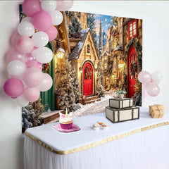 Lofaris Charming Christmas Village Backdrop with Snow, Festive Red Doors and Twinkling Lights, Winter Holiday Party Decor for Photoshoot
