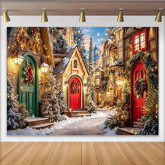 Lofaris Charming Christmas Village Backdrop with Snow, Festive Red Doors and Twinkling Lights, Winter Holiday Party Decor for Photoshoot