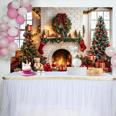 Lofaris Christmas Fireplace Backdrop with Decorated Trees and Gifts, Cozy Holiday Photography Background for Family Photos