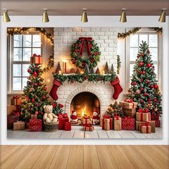 Lofaris Christmas Fireplace Backdrop with Decorated Trees and Gifts, Cozy Holiday Photography Background for Family Photos