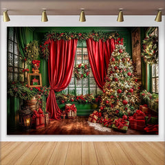 Lofaris Festive Green Wall Red Curtain Christmas Tree Christmas Backdrop for Winter Holiday Party, Cozy Wooden Background for Decor