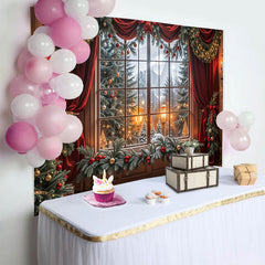 Lofaris Cozy Christmas Window Backdrop with Red Curtains, Snowy Forest, Festive Holiday Background for Family Photos and Winter Decor.