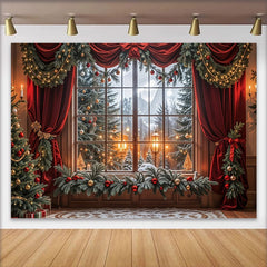 Lofaris Cozy Christmas Window Backdrop with Red Curtains, Snowy Forest, Festive Holiday Background for Family Photos and Winter Decor.