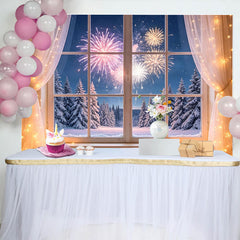 Lofaris Cozy Winter Window View New Year Backdrop with Snowy Forest and Sparkling Lights, Festive Night Sky Celebration Background for Party
