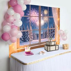 Lofaris Cozy Winter Window View New Year Backdrop with Snowy Forest and Sparkling Lights, Festive Night Sky Celebration Background for Party