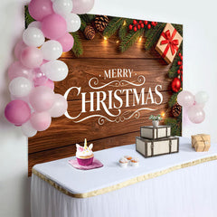 Lofaris Merry Christmas Wooden Backdrop with Pine Branches and Lights, Festive Holiday Background for Winter Party Decoration