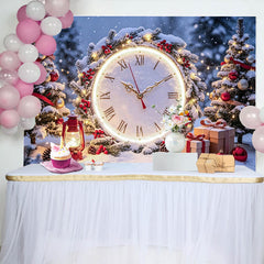 Lofaris Snowy Christmas and New Year Backdrop with Clock and Festive Trees, Winter Wonderland Photography Background for Holiday Parties