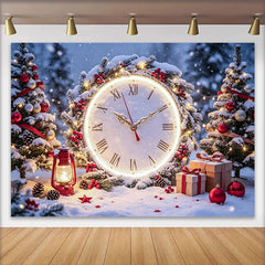 Lofaris Snowy Christmas and New Year Backdrop with Clock and Festive Trees, Winter Wonderland Photography Background for Holiday Parties