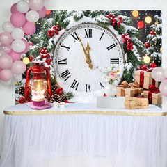 Lofaris Snowy New Year Christmas Countdown Backdrop with Clock and Berries, Festive Winter Holiday Background for Party Decor and Photoshoot
